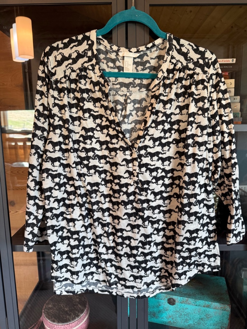 H&M Black and White Horse-Print V-Neck Blouse